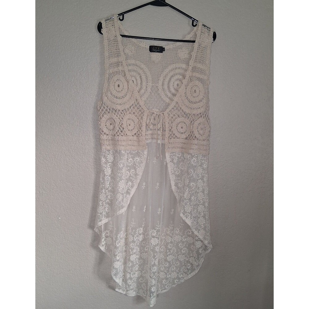 Mixed Media Boho Crochet Lace Tie-Front High-Low Kimono M/L Festival Hippie